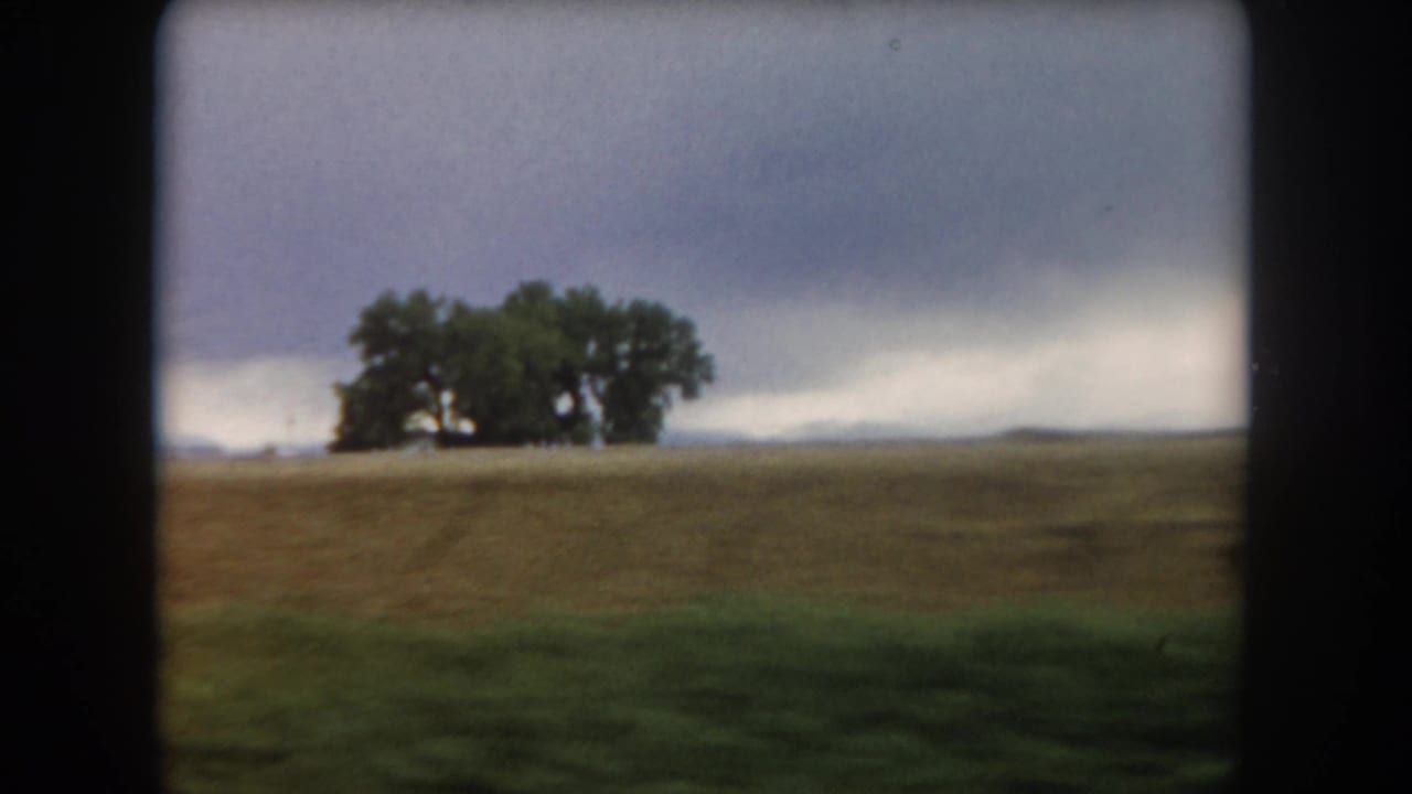 Moving 8mm roadside view of Summit County farmland, with a large tree cluster left of center and low clouds across the horizon.