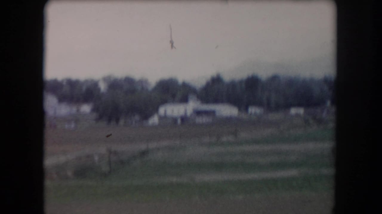 Rural fields with pale buildings, trees, and a small dark object in the sky.