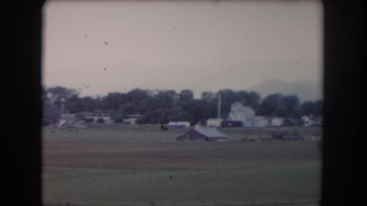 Wide pasture with distant farm buildings, trees, pale sky, and soft hills.