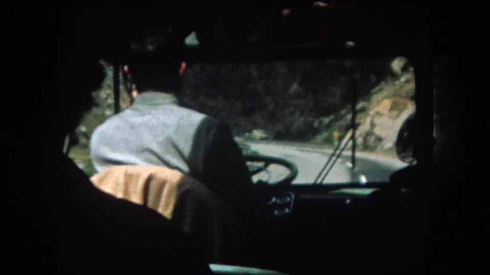 The driver steers through a curve on a narrow Colorado mountain road, seen from a dark backseat interior.