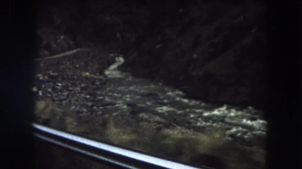 The final frame holds a grainy 1962 travel view of river rapids, canyon rock, and a foreground rail in Colorado.