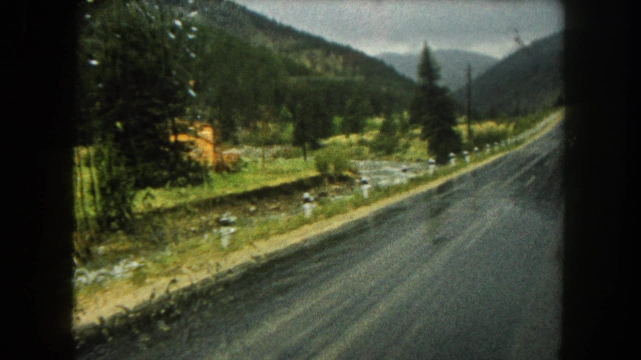 Wet mountain road beside a stream and forested slopes under cloudy sky.