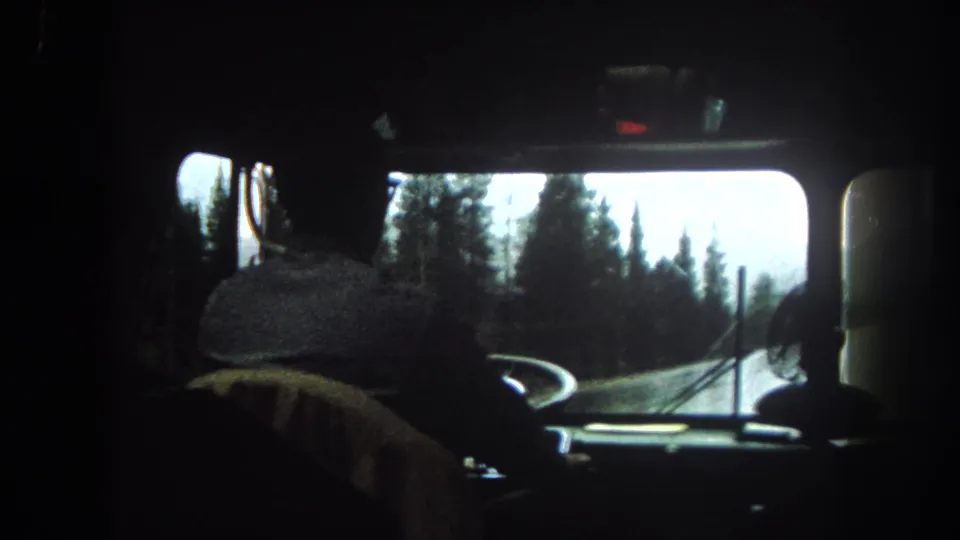 Passenger view inside the Summit County bus, with the driver silhouetted against the windshield and evergreen roadside beyond.