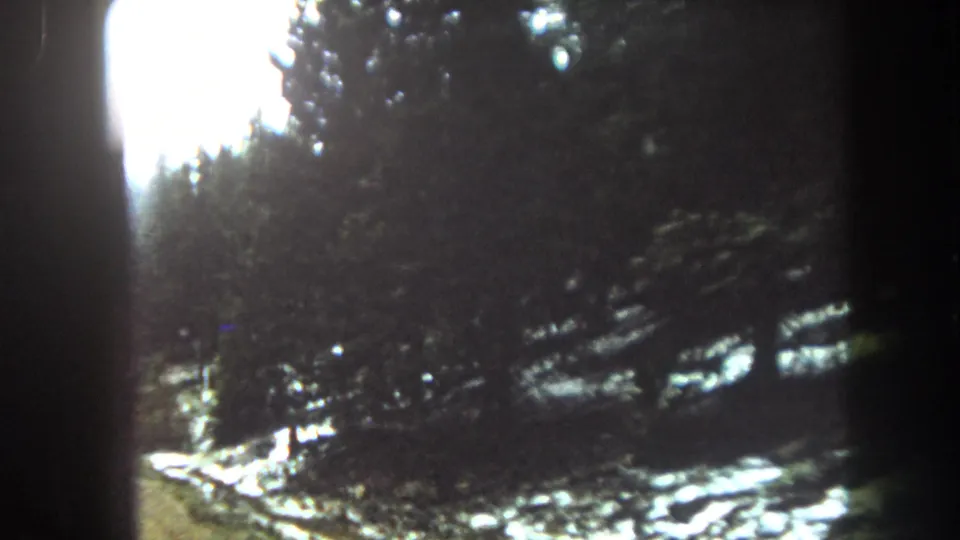 A Summit County mountain roadside appears through a car window, with evergreens, snow patches, and soft 8mm exposure.
