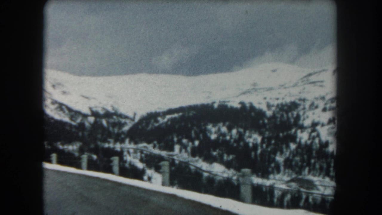 Snowy mountain road edge with roadside posts, evergreen forest, and distant winter peaks.