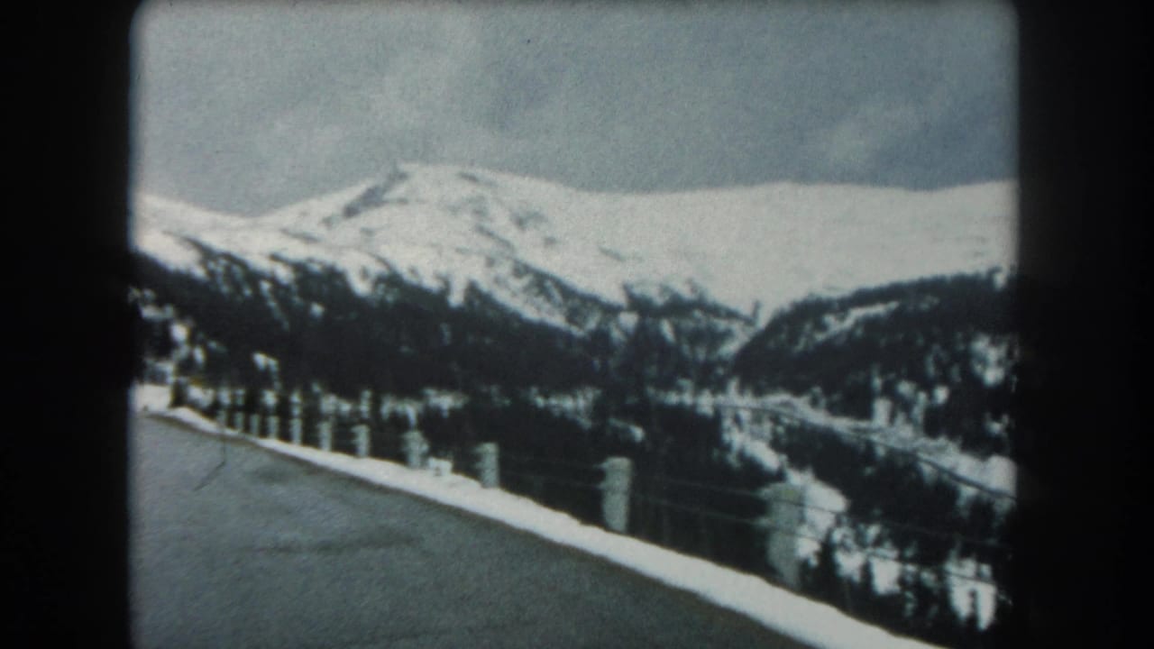 Mountain road shoulder with snow, guard posts, dark evergreens, and a snowy peak ahead.