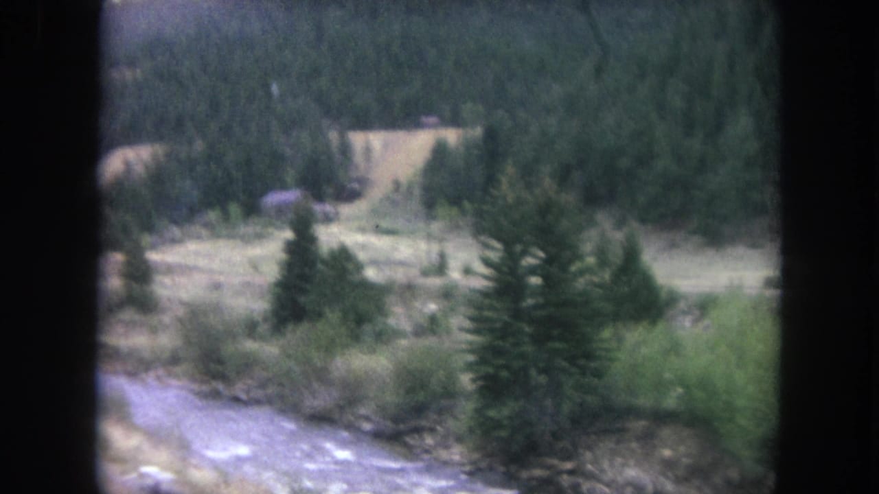Forested hillside, creek, meadow, and small structure seen from a road.
