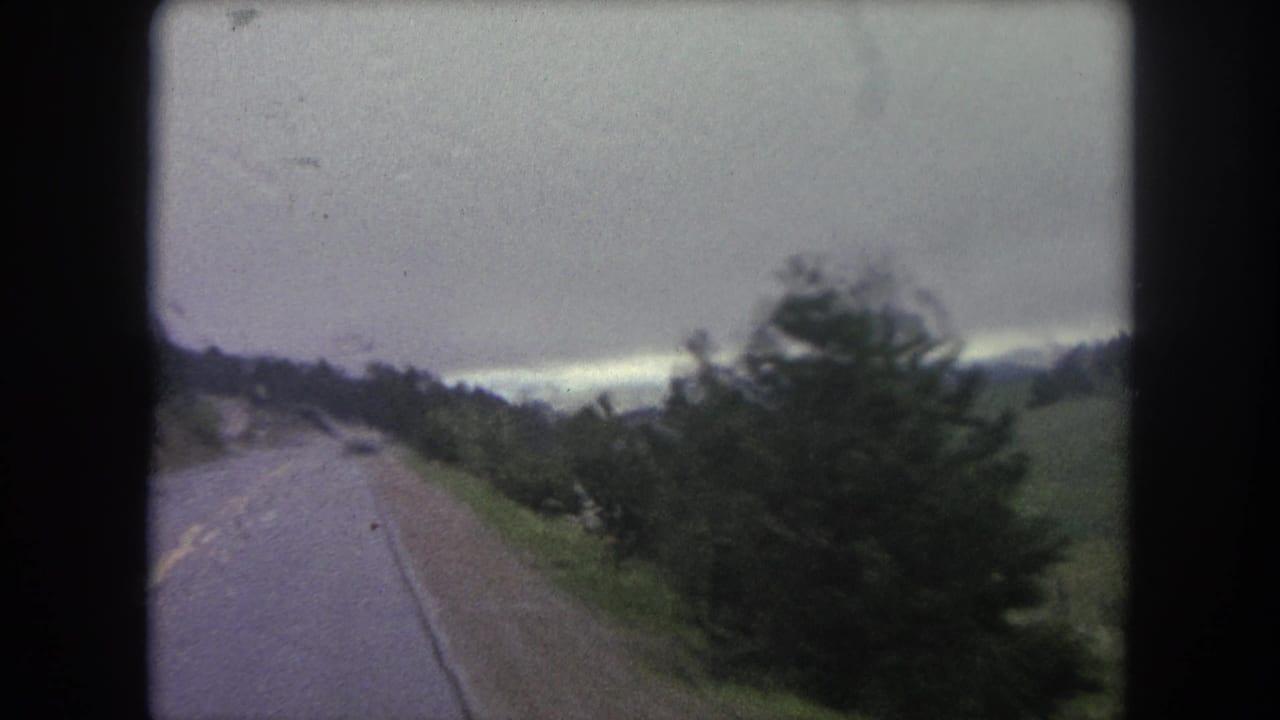Wet road beside green hills and trees under an overcast sky.