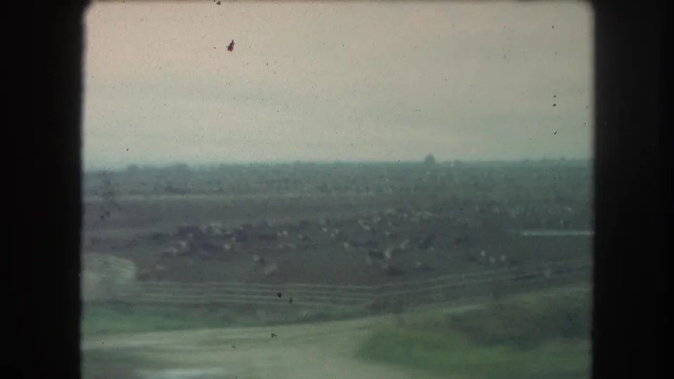 Passing rural view with a distant clustered area across farmland, filmed in soft 1962 8mm color from a moving vehicle.