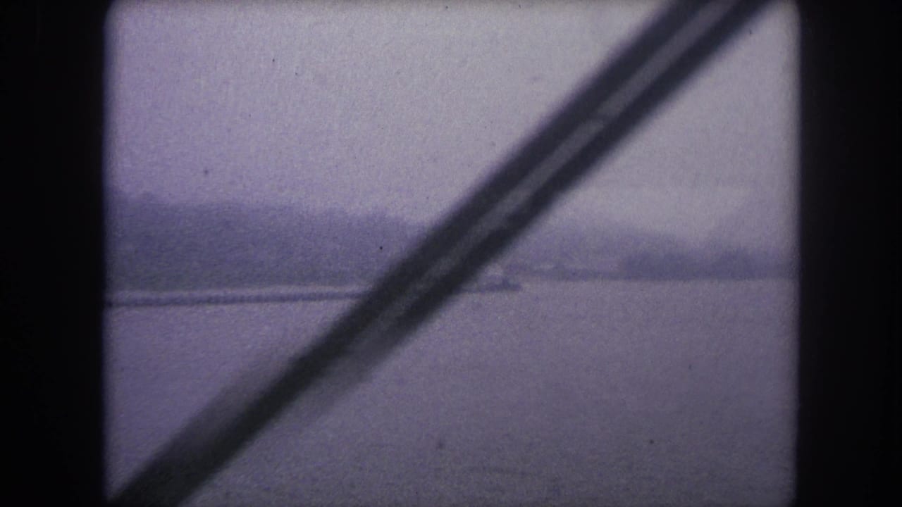 Hazy water and distant shoreline crossed by a diagonal metal support.