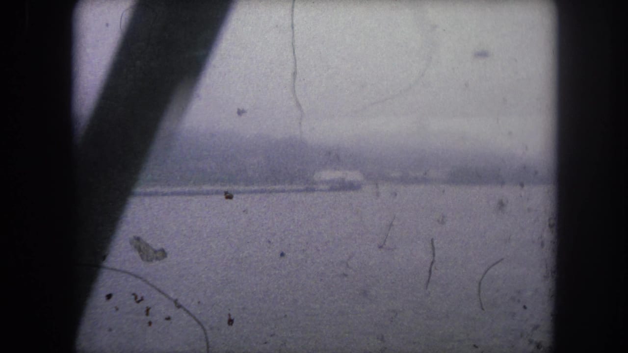 Hazy water and distant shoreline seen through dark vertical and diagonal structure.
