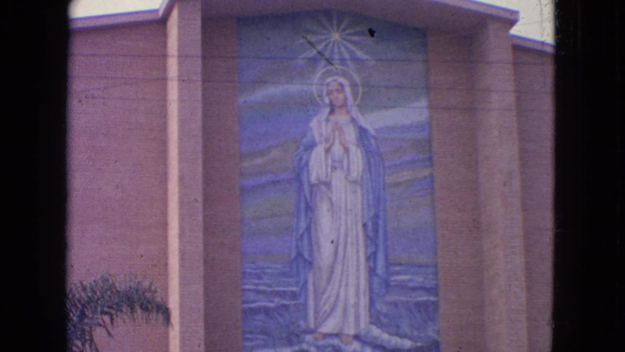 Virgin Mary mural on a church exterior with brick columns and a small plant at lower left.