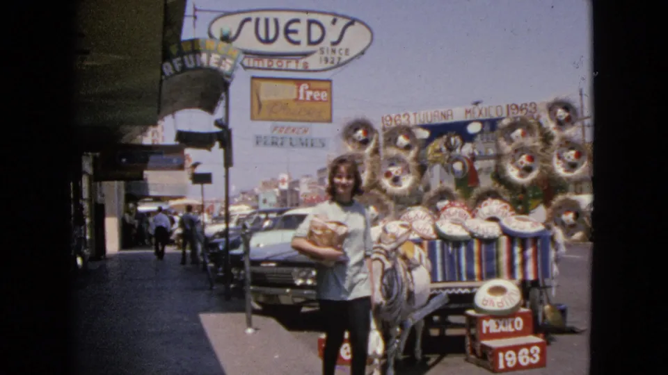 1963 Barrington, Illinois street frame with a woman near a donkey cart display, storefront signage, parked cars, and passing pedestrians.