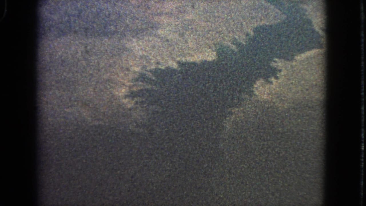 Grainy aerial view with dark aircraft shadow over pale landscape.