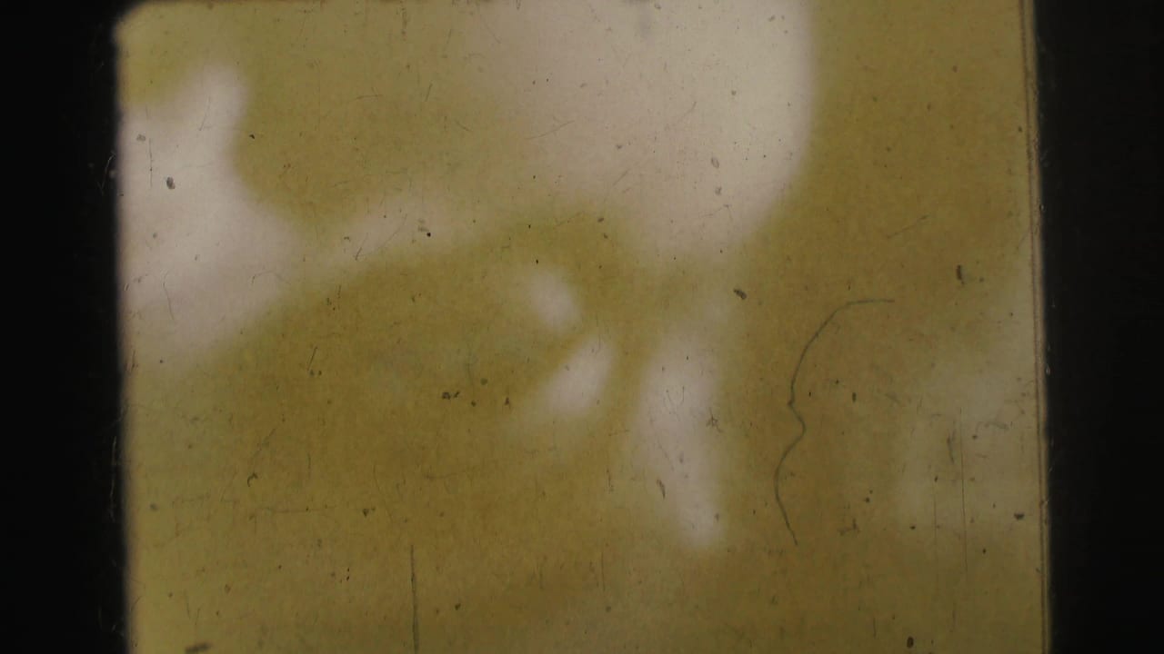 Soft yellow-green scratched film frame with dark vertical edges and no clear subject.