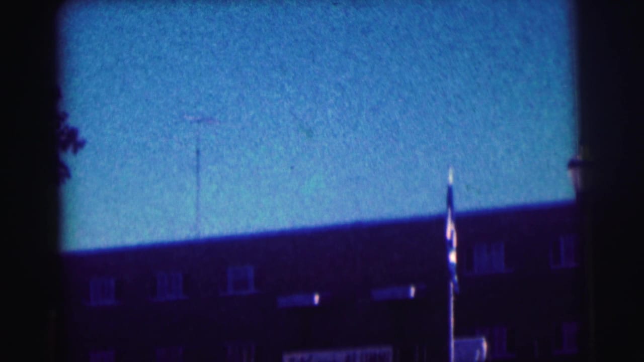 Flagpole and flag in front of a dark brick building under blue sky.