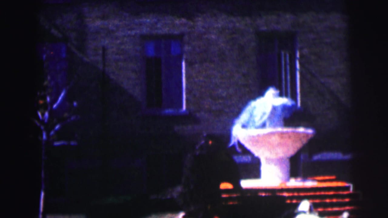 Nighttime Bowling Green University frame with a brightly lit fountain against a dark brick campus building.