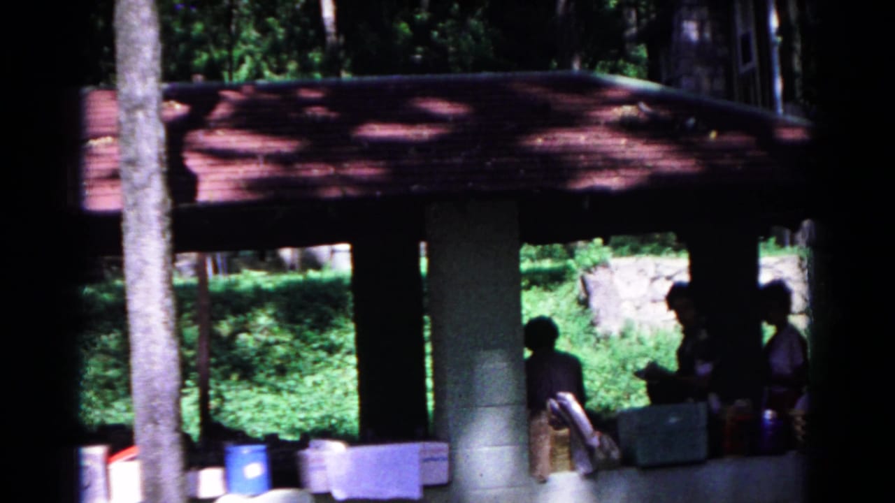 People sit in deep shade beneath a pavilion, with coolers and greenery visible around them.