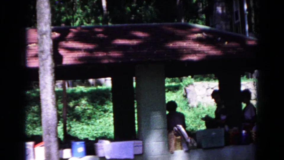 Shaded 1963 Cold Springs pavilion scene with adults socializing beside coolers, trees, and a low stone wall.