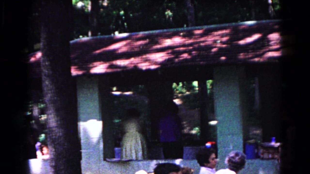 Adults stand and sit around a wooded park pavilion in Cold Springs, New York, in 1963 home-movie footage.