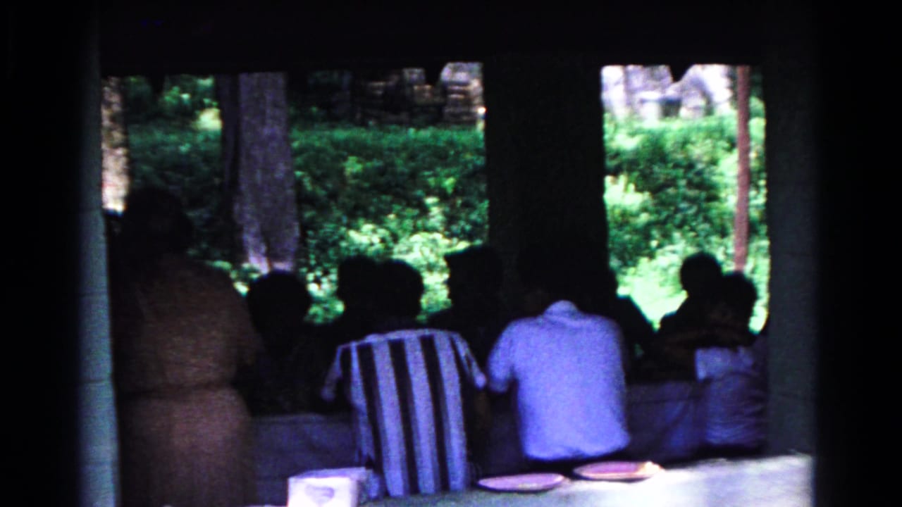Group seen from behind at a picnic table under a pavilion roof.