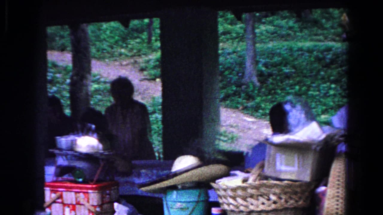 Pavilion scene with shadowed figures, a table area, baskets, and trees outside.