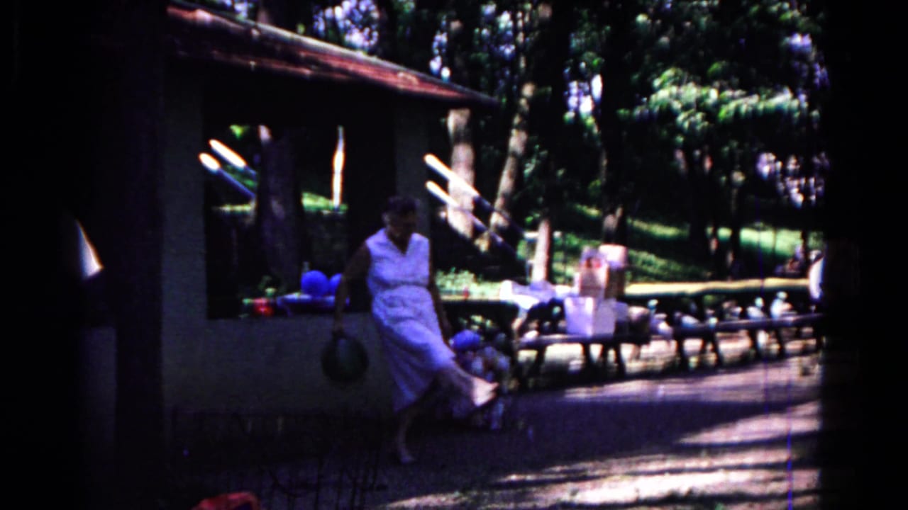 Woman in a white dress walks near a picnic shelter and tables in a wooded park.