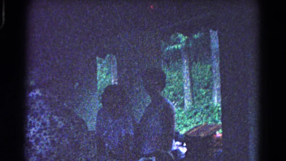 A woman in a dark dress stands beside the picnic setup as another person moves near the edge of the shelter frame.