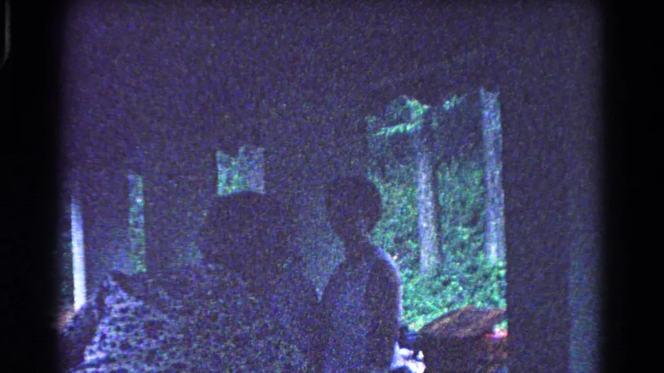 A silhouetted woman remains by the picnic table in the park shelter, with green foliage bright beyond the shaded interior.