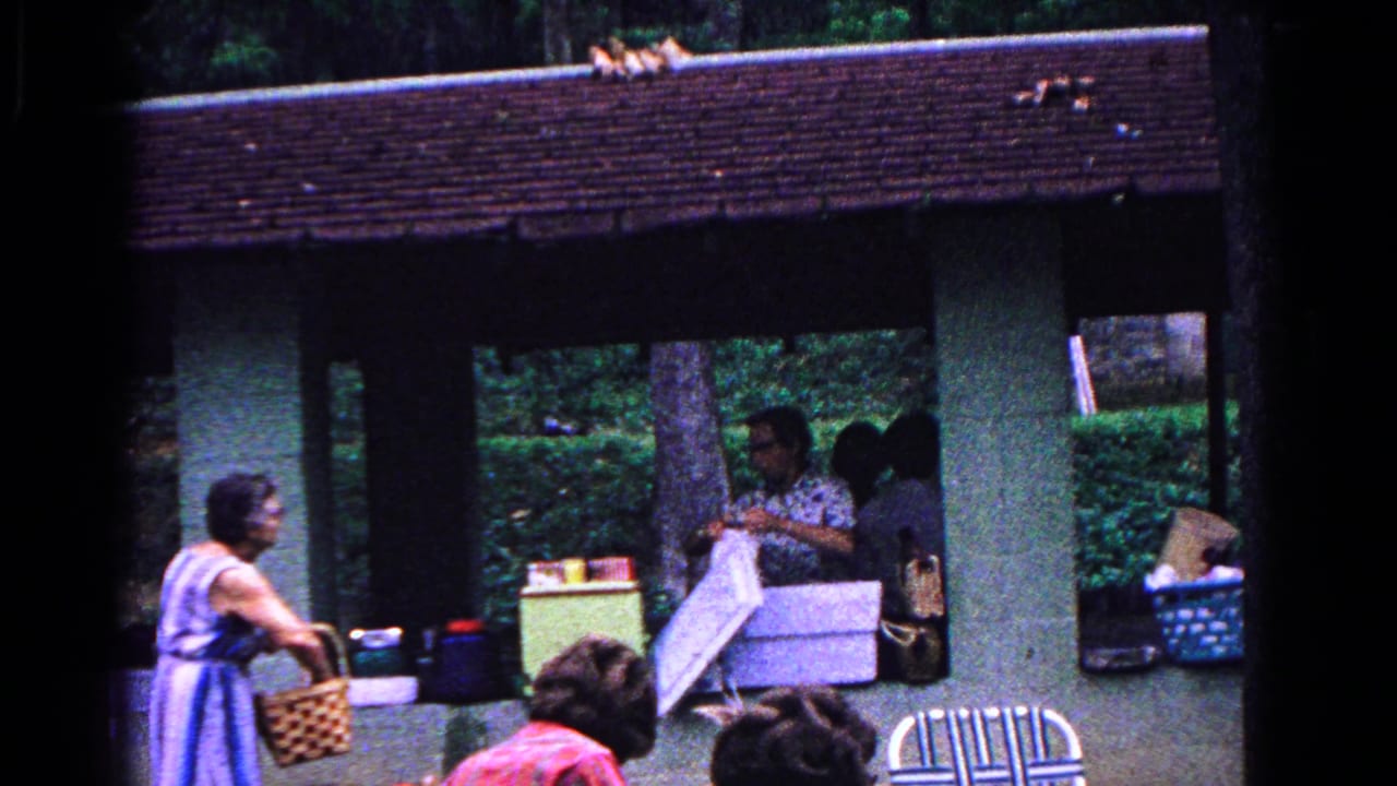 1963 Cold Springs picnic scene with a woman holding a woven basket as other adults organize food and containers beneath a park shelter.