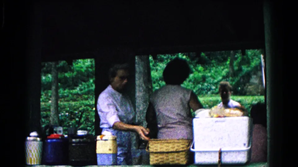Two women prepare picnic baskets and containers beneath a pavilion, with foliage and a seated figure beyond the table.