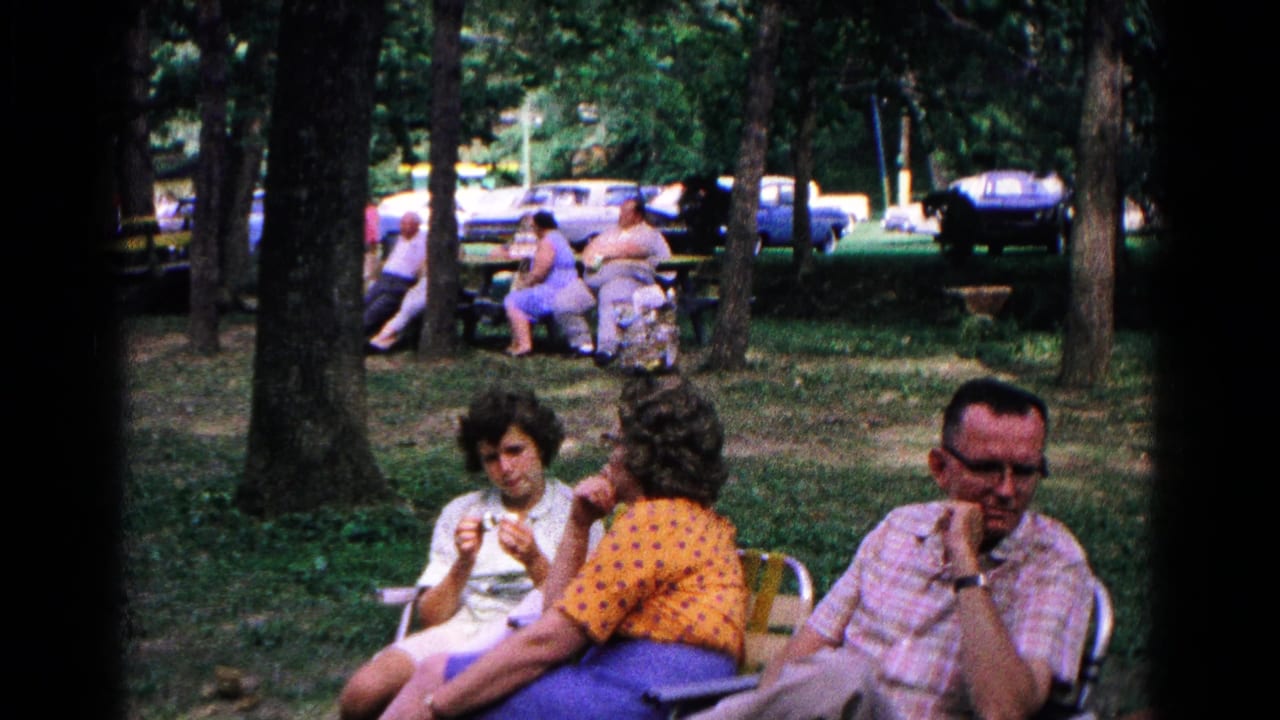 Three adults sit in lawn chairs under trees, with picnic tables and cars in the background.