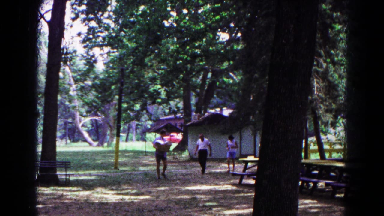 Three adults move through a wooded picnic area near tables and a small shelter.