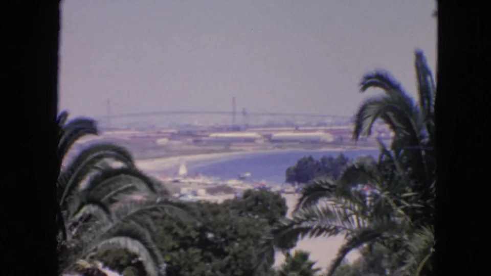 1963 San Francisco home-movie still showing palms, trees, pale shoreline, bay water, and a long bridge in soft haze.