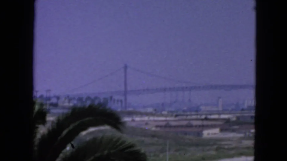 1963 San Francisco 8mm frame with a darker, closer-looking view of bridge towers beyond foreground palm leaves and shoreline.