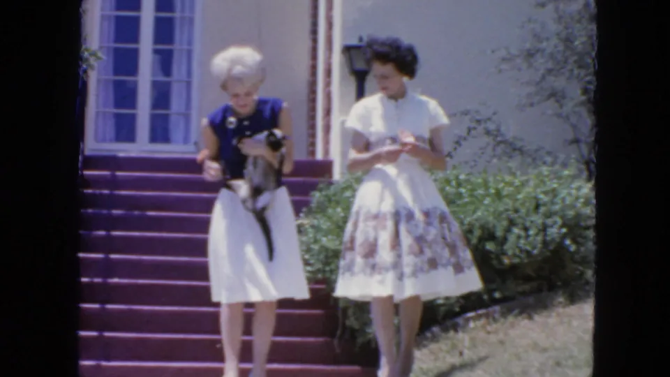 The blonde woman bends slightly to lower the Siamese cat on the purple steps as the woman in the floral skirt watches nearby.