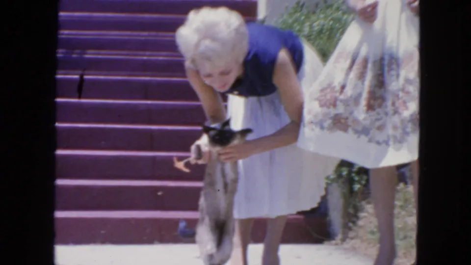 1963 San Francisco frame with a woman in a blue top and white skirt holding a small cat beside sunlit porch steps.