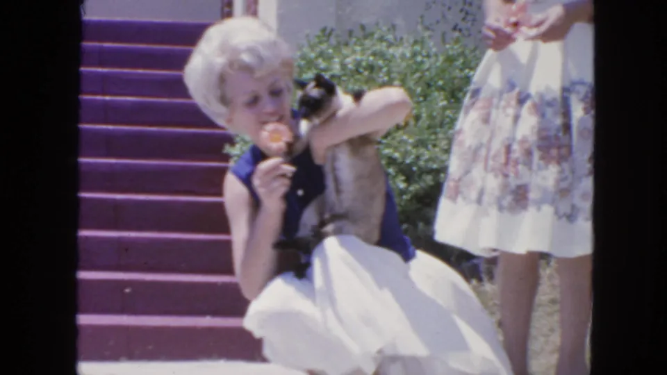 1963 San Francisco home-movie frame of a woman crouching with a Siamese cat, with purple steps and a floral-dress figure behind her.