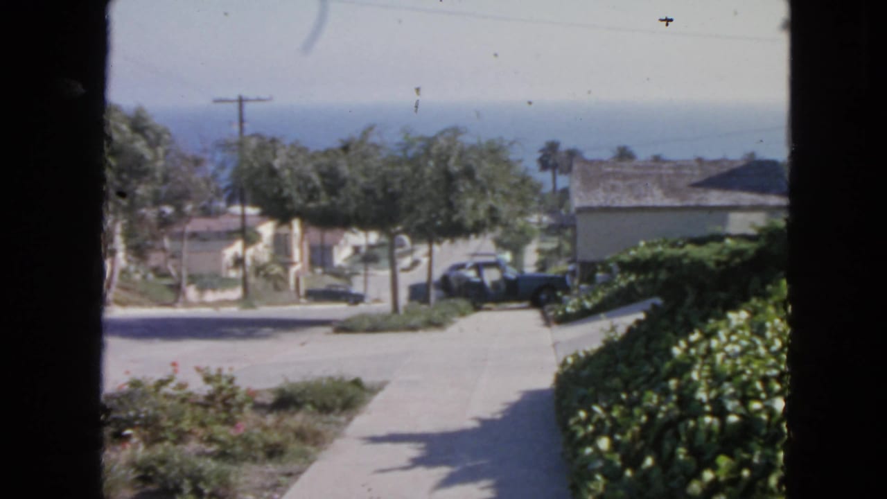 1963 San Francisco residential street viewed from indoors, with low houses, curbside trees, hedges, parked cars, and the Pacific horizon.