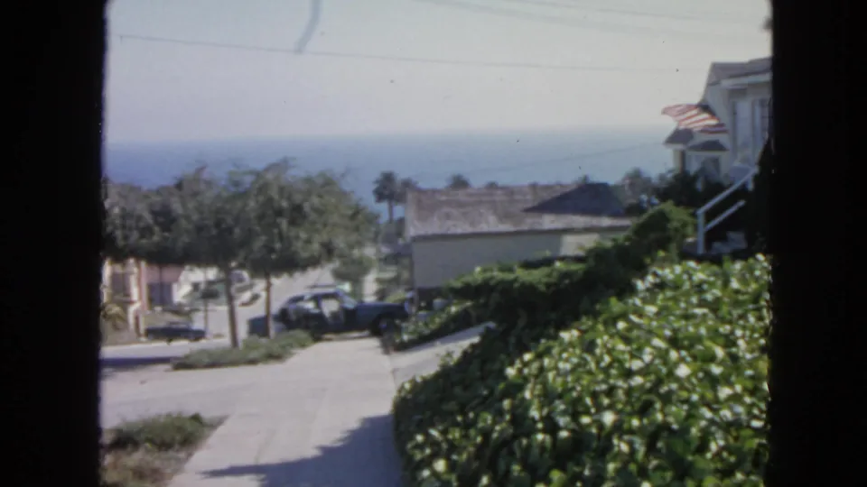 1963 San Francisco neighborhood view with palms, parked cars, ocean haze, and an American flag on a house.
