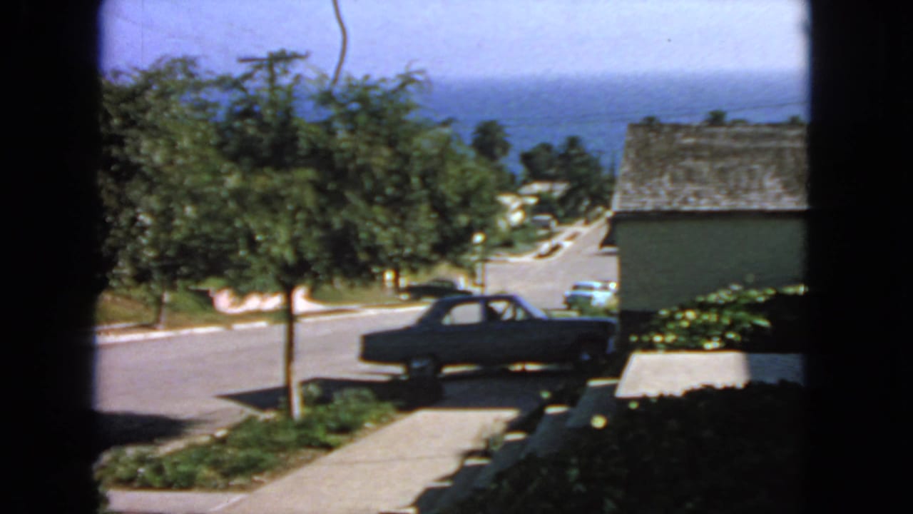 Dark sedan beside a curb with trees, houses, driveway, and distant ocean visible through a window.