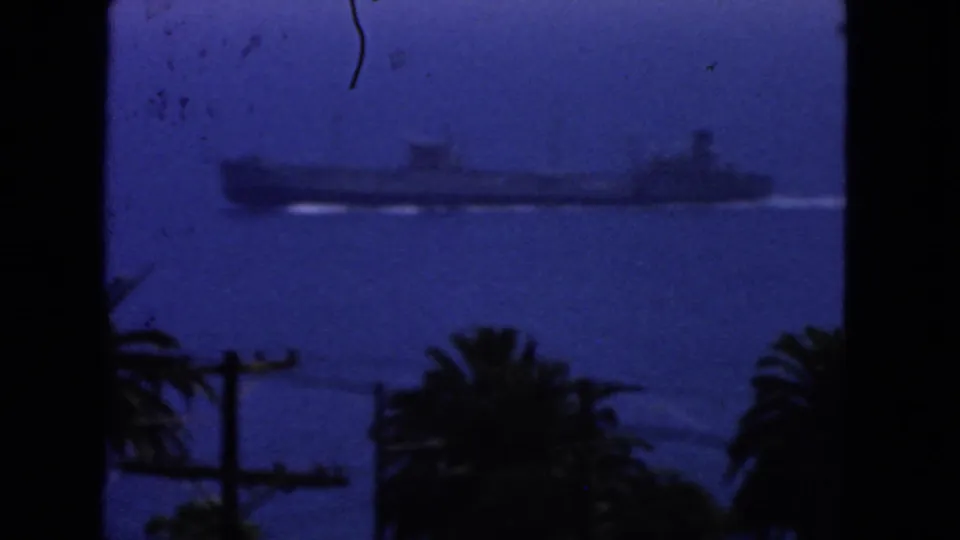 Large vessel moving offshore in the San Francisco coastal view, seen through dark 8mm frame edges with palms below.