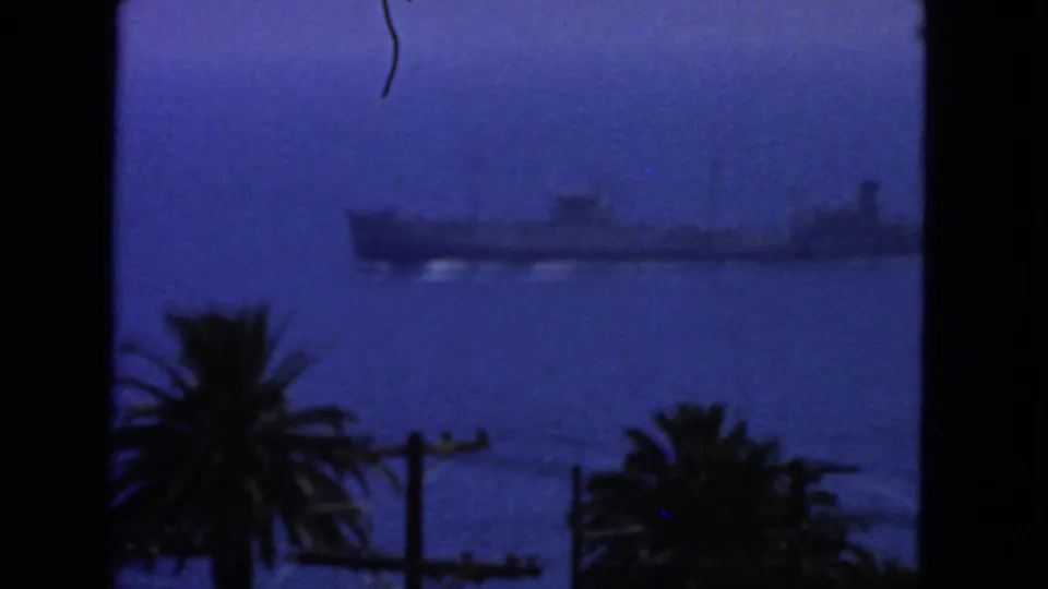 Soft 1963 coastal frame showing a large ship offshore, with palm trees and utility poles along the lower edge.