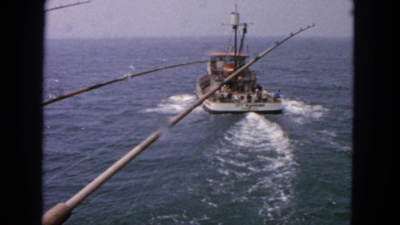 Boat receding on the water with fishing rods crossing the frame and wake trailing behind.