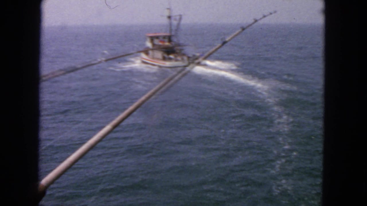 Small boat moving away across water with fishing rods angled through the frame.