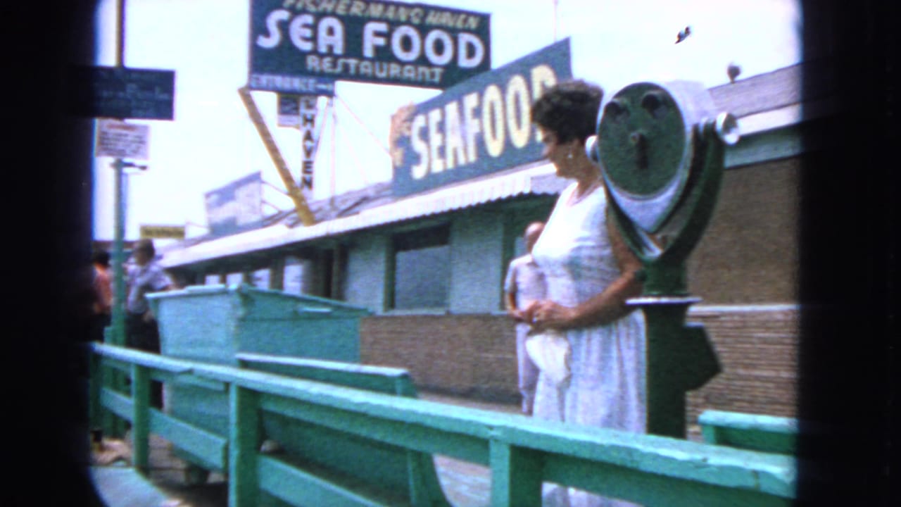Woman in a white dress stands beside a green coin viewer on a pier with seafood signs behind her.