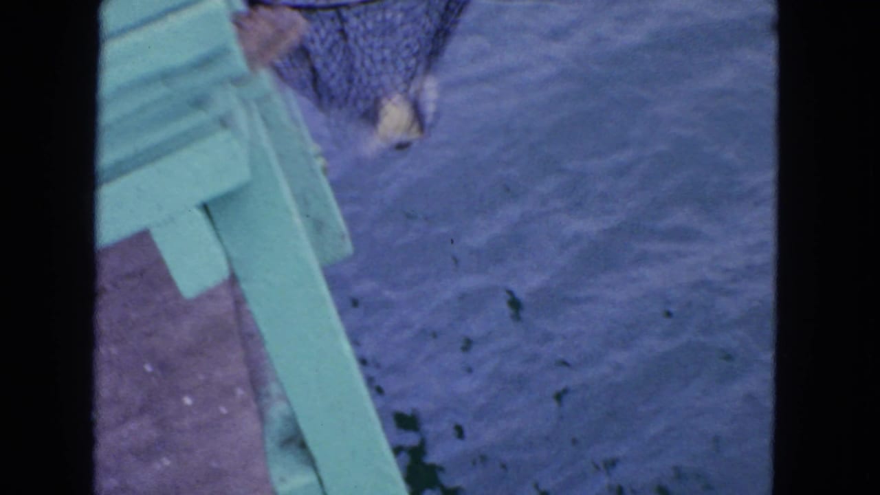 Turquoise dock edge and fishing net above rippling blue water.