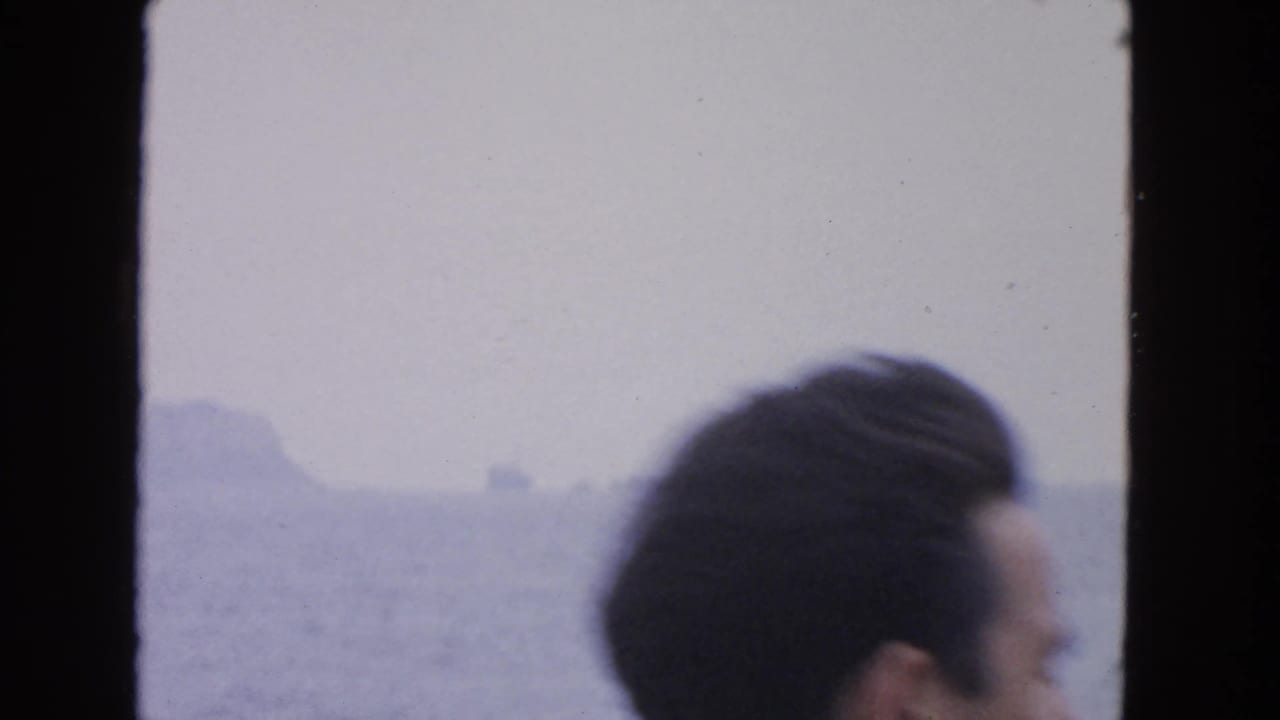 A passenger's partial head crosses the foreground of a 1963 San Francisco-area ocean view with hazy rock formations.