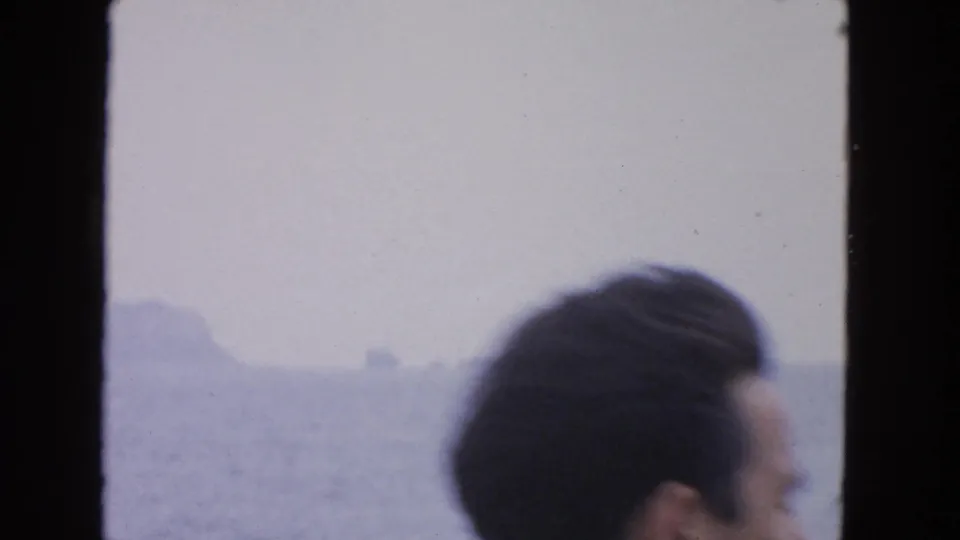 A passenger's partial head crosses the foreground of a 1963 San Francisco-area ocean view with hazy rock formations.