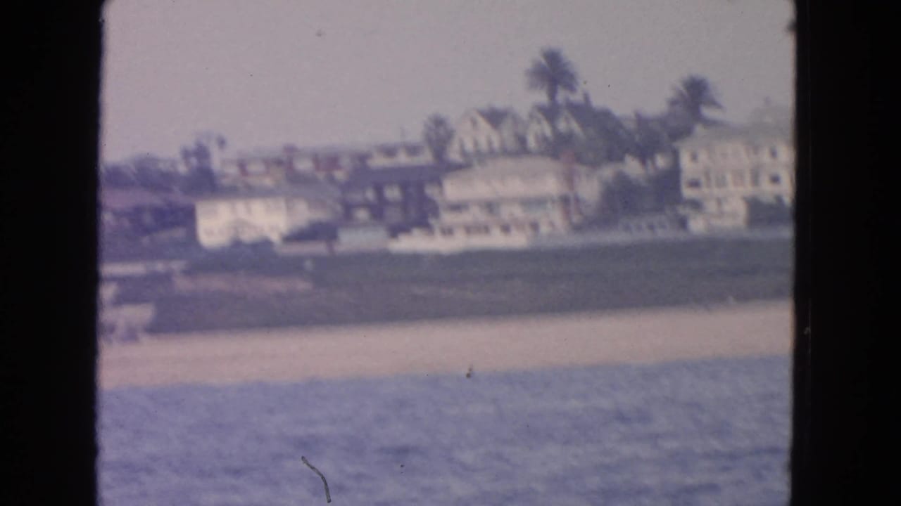 Distant shoreline with houses and palm trees above a beach seen across the water.